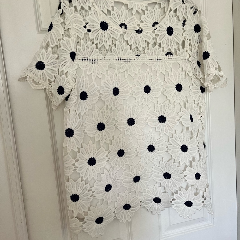 Rafaella Blue and White Ruffled Top with Flutter Sleeves